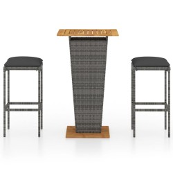 vidaXL Set de muebles de bar de jardín 3 pzas y cojines ratán PE gris