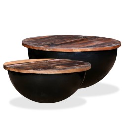 vidaXL Set de 2 mesas de centro madera reciclada negra forma de bol