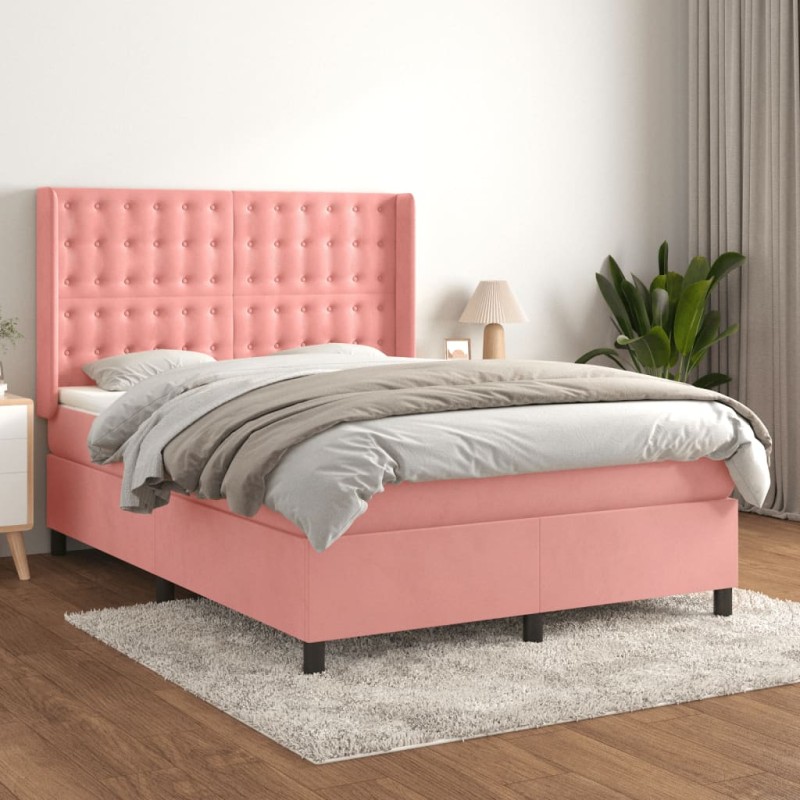 vidaXL Cama box spring con colchón terciopelo rosa 140x190 cm vidaXL Cama box spring con colchón terciopelo rosa 140x190 cm