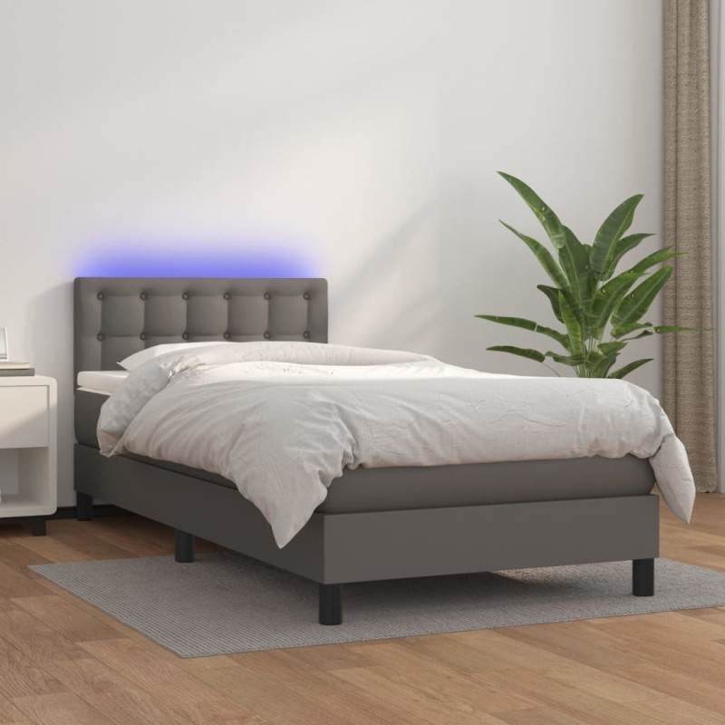 vidaXL Cama box spring colchón y LED cuero sintético gris 100x200 cm vidaXL Cama box spring colchón y LED cuero sintético gris 100x200 cm