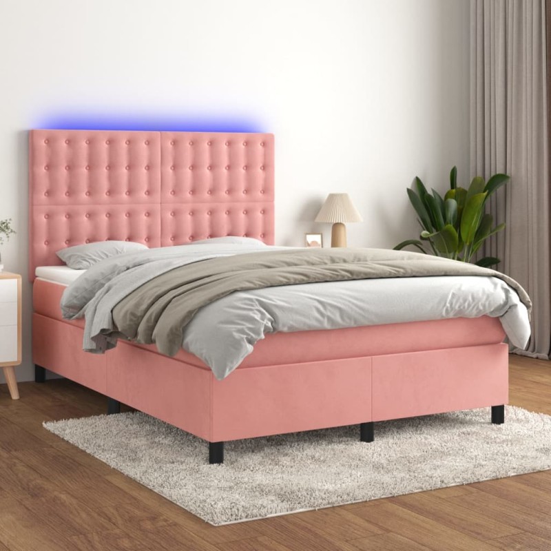vidaXL Cama box spring colchón y LED terciopelo rosa 140x190 cm vidaXL Cama box spring colchón y LED terciopelo rosa 140x190 cm