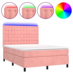 vidaXL Cama box spring colchón y LED terciopelo rosa 140x190 cm