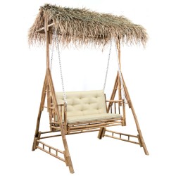 vidaXL Banco columpio 2 plazas hojas de palma y cojín bambú 202 cm