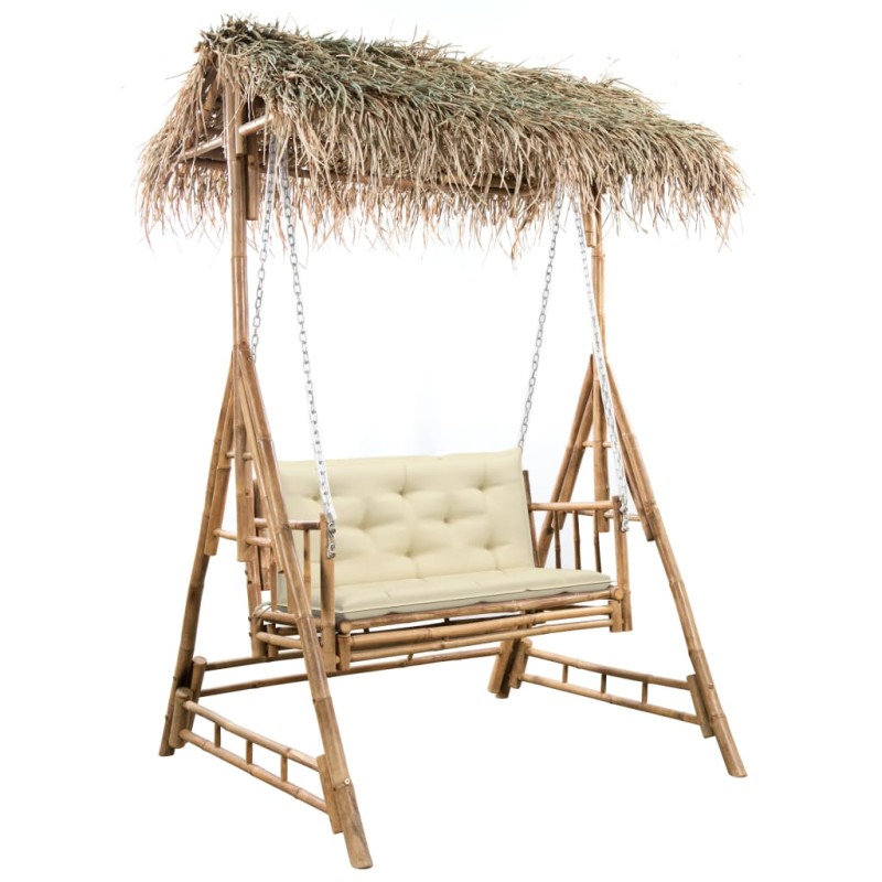 vidaXL Banco columpio 2 plazas hojas de palma y cojín bambú 202 cm vidaXL Banco columpio 2 plazas hojas de palma y cojín bambú 202 cm