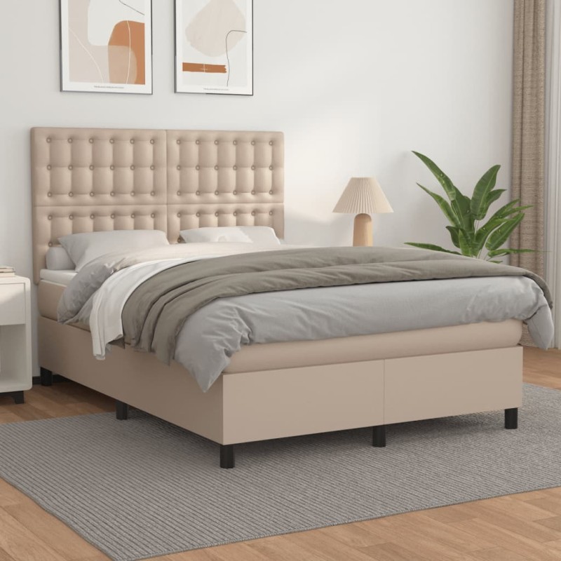 vidaXL Cama box spring con colchón cuero sintético capuchino 140x200cm vidaXL Cama box spring con colchón cuero sintético capuchino 140x200cm