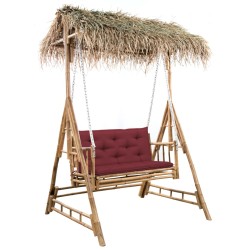 vidaXL Banco columpio de 2 plazas hojas de palma y cojín bambú 202 cm