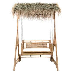 vidaXL Banco columpio de 2 plazas hojas de palma y cojín bambú 202 cm