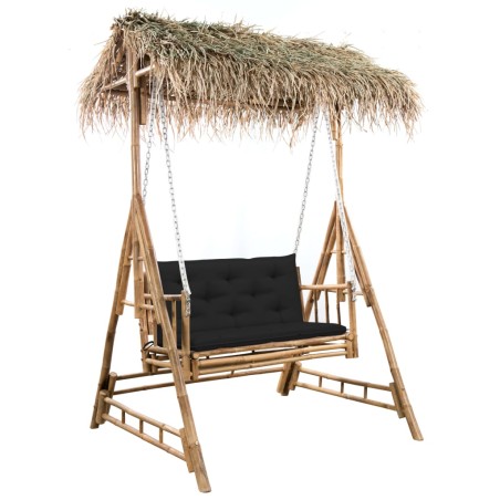 vidaXL Banco columpio de 2 plazas hojas de palma y cojín bambú 202 cm