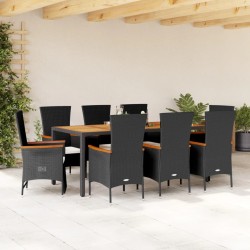 vidaXL Set de comedor de jardín 9 pzas y cojines ratán sintético negro