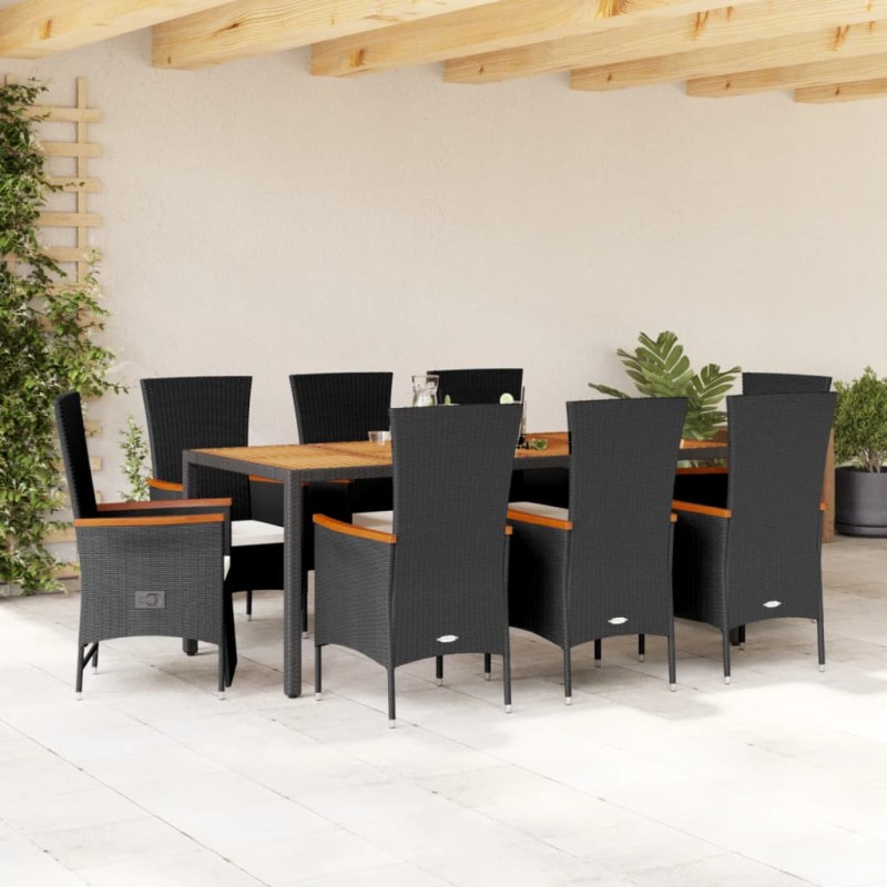 vidaXL Set de comedor de jardín 9 pzas y cojines ratán sintético negro