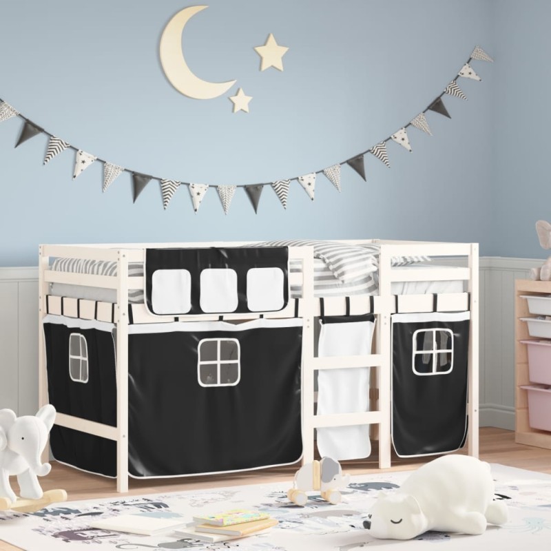 vidaXL Cama alta niños con cortinas madera pino blanco negro 80x200 cm vidaXL Cama alta niños con cortinas madera pino blanco negro 80x200 cm