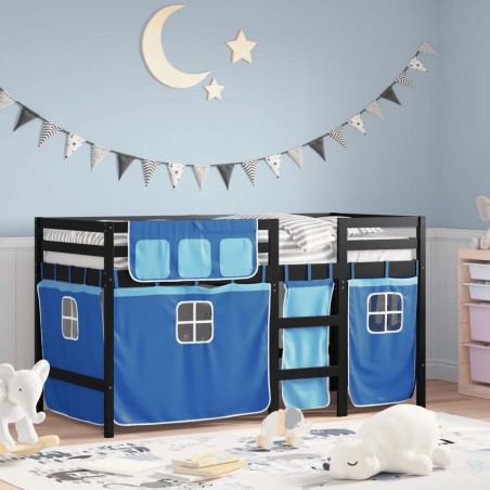 vidaXL Cama alta para niños con cortinas madera pino azul 90x200 cm