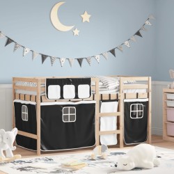 vidaXL Cama alta niños con cortinas madera pino blanco negro 90x190 cm