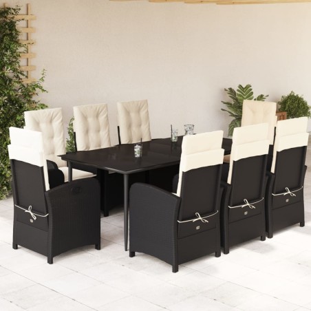 vidaXL Set de comedor de jardín 9 pzas y cojines ratán sintético negro