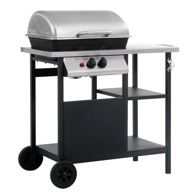 vidaXL Barbacoa portátil de gas con mesita 3 estantes negro y plateado vidaXL Barbacoa portátil de gas con mesita 3 estantes negro y plateado
