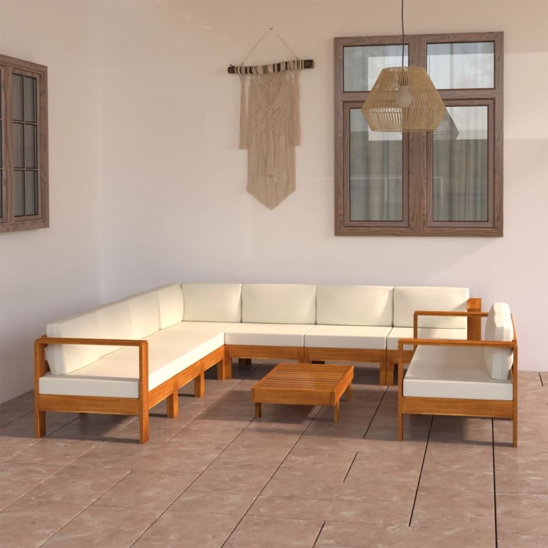 vidaXL Muebles de jardín 9 pzas cojines blanco crema madera de acacia 