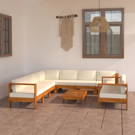 vidaXL Muebles de jardín 9 pzas cojines blanco crema madera de acacia 