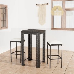 vidaXL Set muebles bar jardín 3 piezas y cojines ratán sintético negro