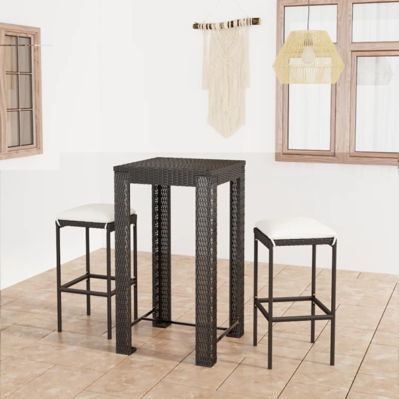 vidaXL Set muebles bar jardín 3 piezas y cojines ratán sintético negro vidaXL Set muebles bar jardín 3 piezas y cojines ratán sintético negro