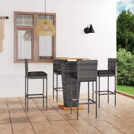 vidaXL Set de muebles de bar de jardín 5 pzas y cojines ratán PE gris