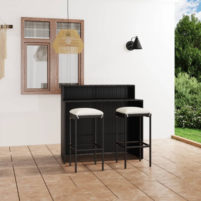 vidaXL Set muebles de bar para jardín 3 piezas y cojines negro vidaXL Set muebles de bar para jardín 3 piezas y cojines negro