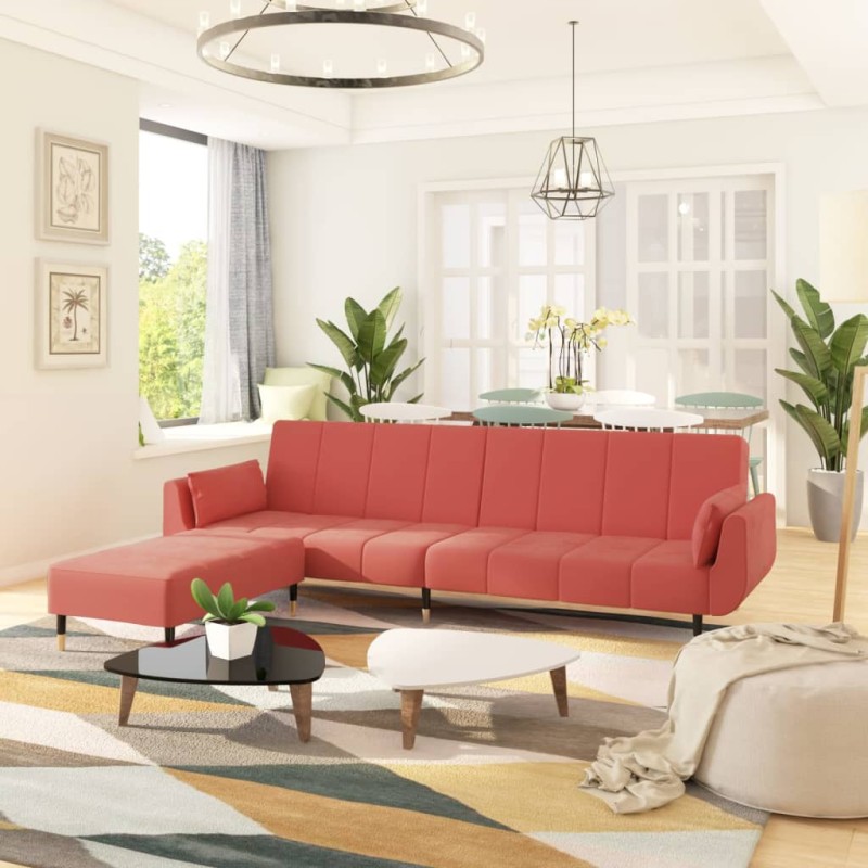 vidaXL Sofá cama 2 plazas con taburete y 2 cojines terciopelo rosa vidaXL Sofá cama 2 plazas con taburete y 2 cojines terciopelo rosa