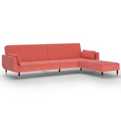 vidaXL Sofá cama 2 plazas con taburete y 2 cojines terciopelo rosa