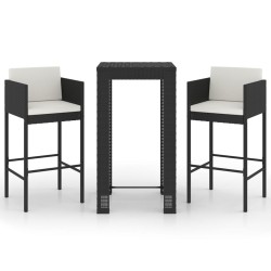 vidaXL Set muebles bar jardín 3 piezas y cojines ratán sintético negro