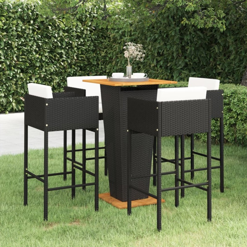 vidaXL Set de bar de jardín 5 pzas y cojines ratán sintético negro vidaXL Set de bar de jardín 5 pzas y cojines ratán sintético negro