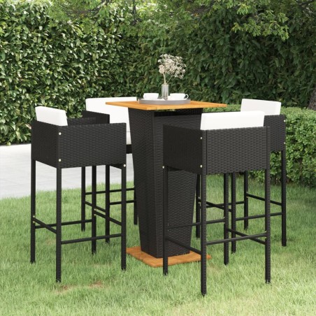 vidaXL Set de bar de jardín 5 pzas y cojines ratán sintético negro
