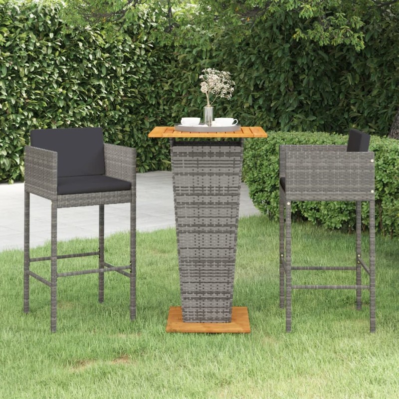 vidaXL Set de muebles bar jardín 3 pzas y cojines ratán sintético gris vidaXL Set de muebles bar jardín 3 pzas y cojines ratán sintético gris