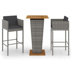 vidaXL Set de muebles bar jardín 3 pzas y cojines ratán sintético gris