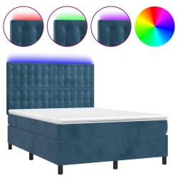 vidaXL Cama box spring colchón y LED terciopelo azul oscuro 140x200 cm
