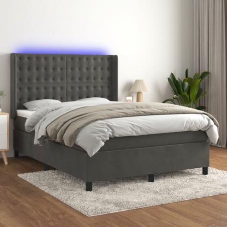 vidaXL Cama box spring colchón y LED terciopelo gris oscuro 140x200 cm