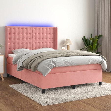 vidaXL Cama box spring colchón y LED terciopelo rosa 140x190 cm