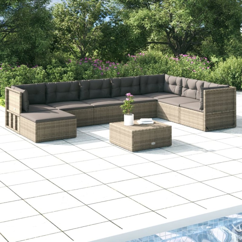 vidaXL Set de muebles de jardín 9 pzas y cojines ratán sintético gris vidaXL Set de muebles de jardín 9 pzas y cojines ratán sintético gris