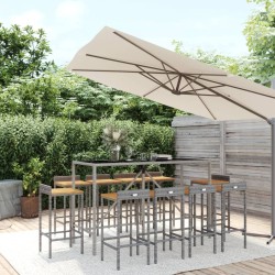 vidaXL Mesa y taburetes altos jardín 11 pzas madera y ratán PE gris