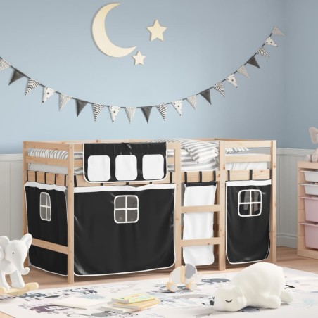 vidaXL Cama alta niños con cortinas madera pino blanco negro 80x200 cm