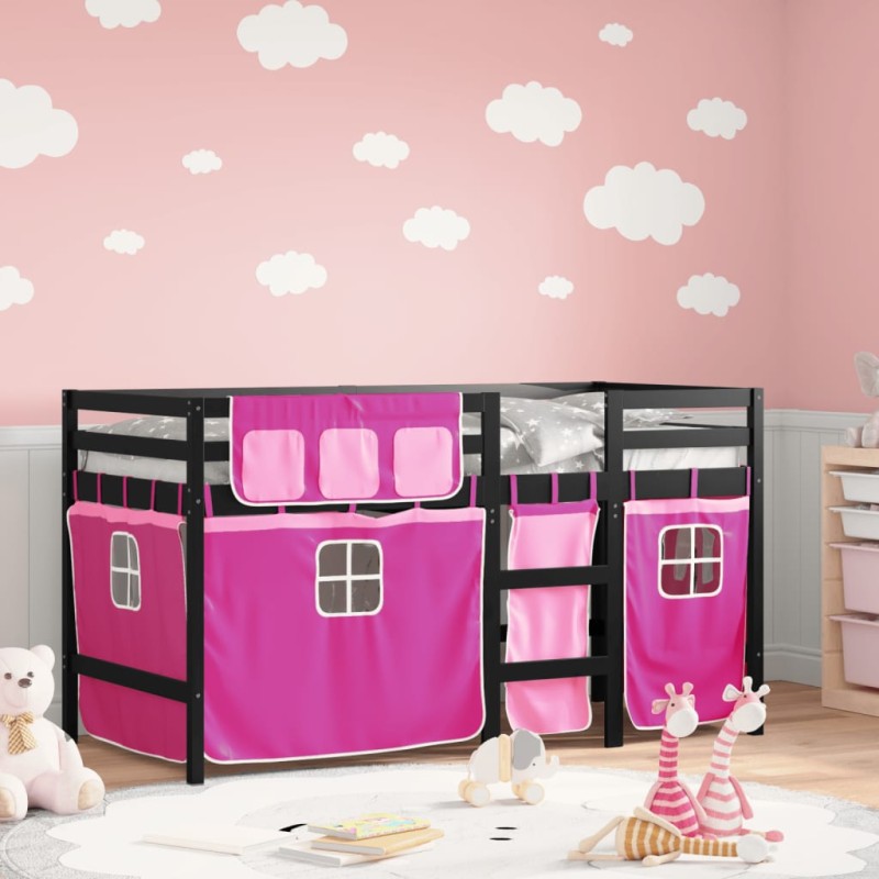 vidaXL Cama alta para niños con cortinas madera pino rosa 90x190 cm vidaXL Cama alta para niños con cortinas madera pino rosa 90x190 cm