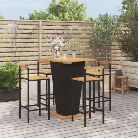 vidaXL Mesa bar y taburetes jardín 5 pzas madera acacia ratán PE negro