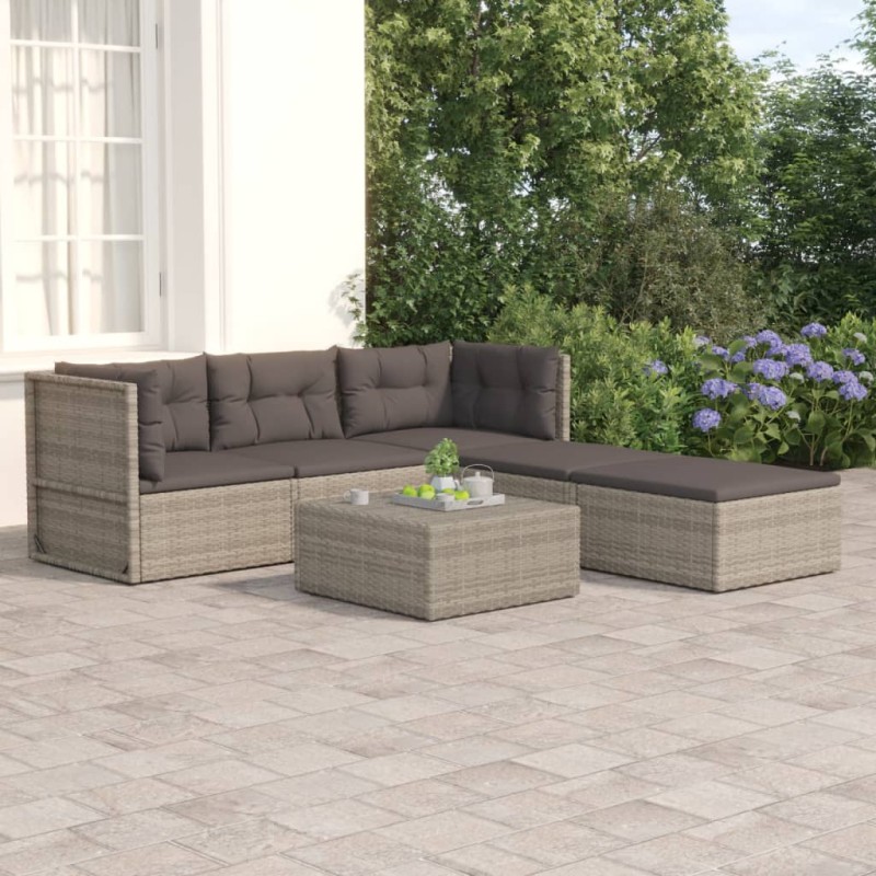 vidaXL Set de muebles de jardín 5 pzas y cojines ratán sintético gris vidaXL Set de muebles de jardín 5 pzas y cojines ratán sintético gris