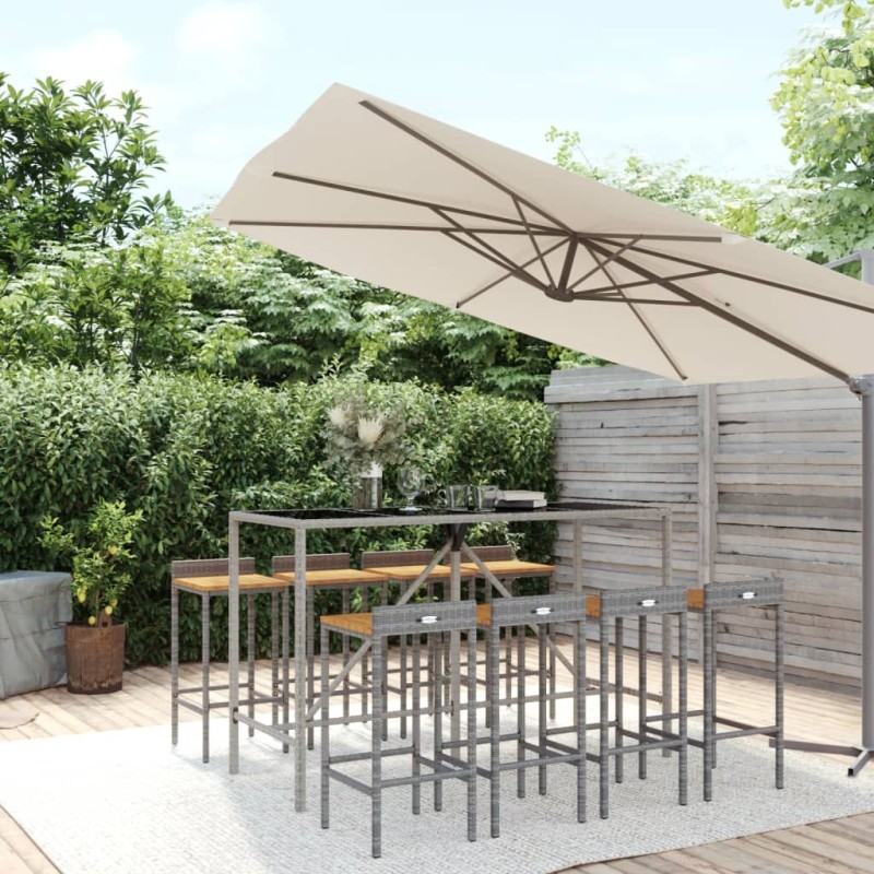 vidaXL Mesa bar y taburetes jardín 9 pzas madera acacia ratán PE gris vidaXL Mesa bar y taburetes jardín 9 pzas madera acacia ratán PE gris