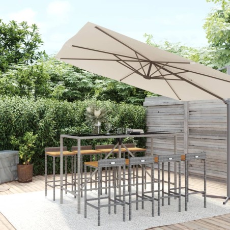 vidaXL Mesa bar y taburetes jardín 9 pzas madera acacia ratán PE gris