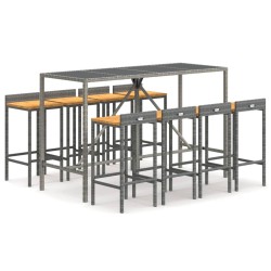 vidaXL Mesa bar y taburetes jardín 9 pzas madera acacia ratán PE gris