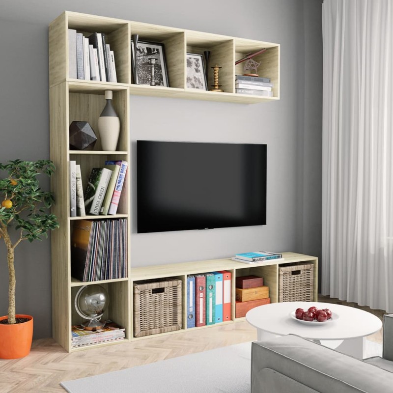 vidaXL Mueble de TV y librería 3 piezas roble Sonoma 180x30x180 cm vidaXL Mueble de TV y librería 3 piezas roble Sonoma 180x30x180 cm