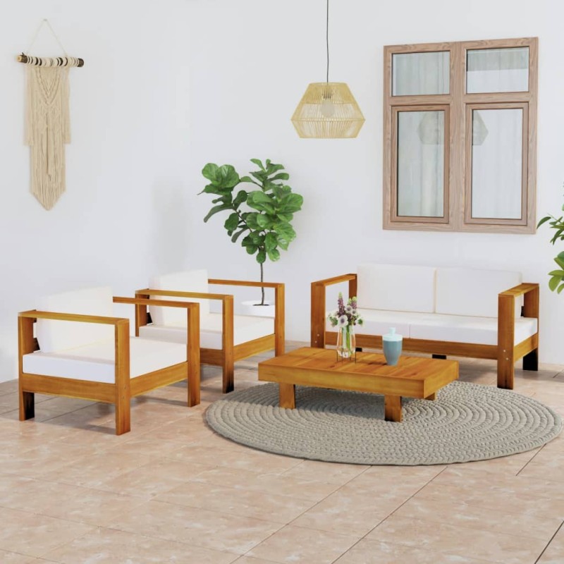 vidaXL Muebles de jardín 4 pzas cojines crema madera de acacia 