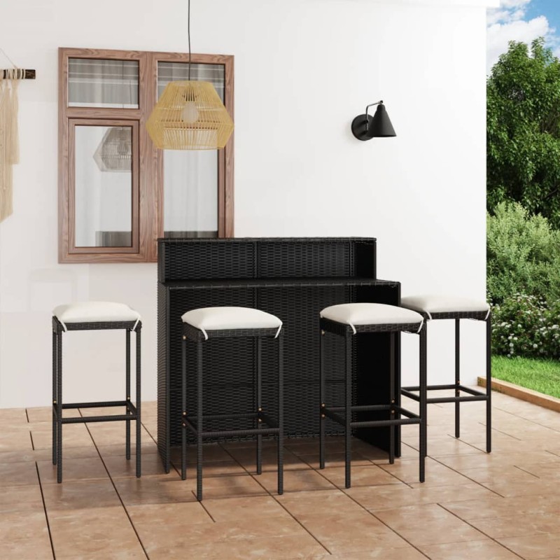vidaXL Juego de muebles de bar de jardín de 5 piezas y cojines negro