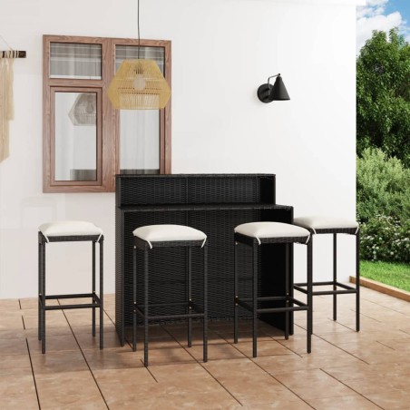 vidaXL Juego de muebles de bar de jardín de 5 piezas y cojines negro
