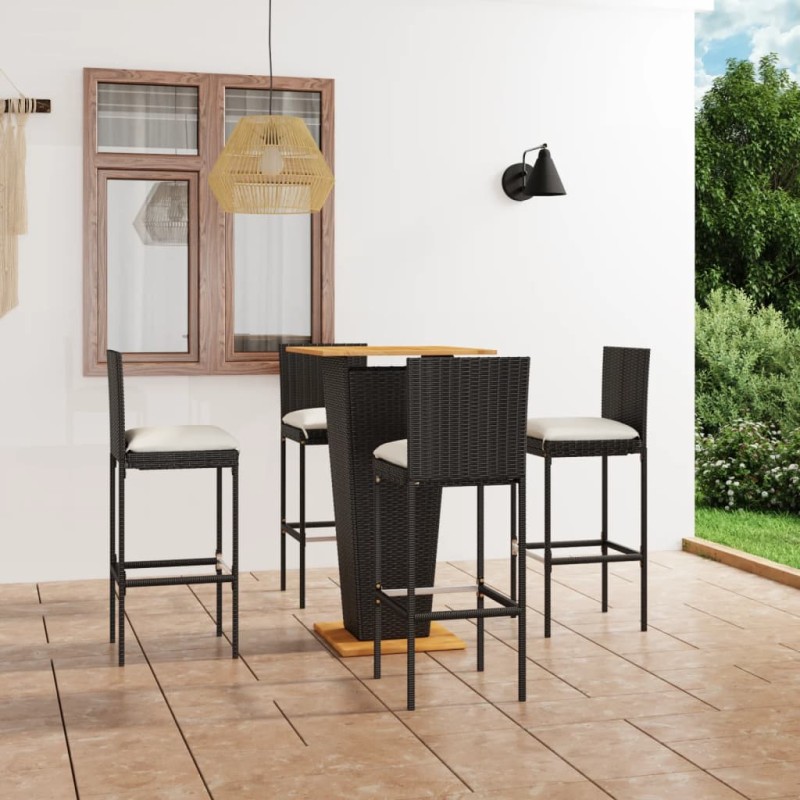 vidaXL Set de muebles de bar de jardín 5 pzas y cojines ratán PE negro vidaXL Set de muebles de bar de jardín 5 pzas y cojines ratán PE negro