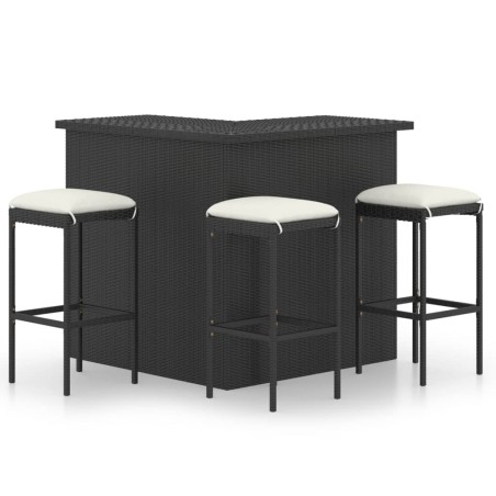 vidaXL Set de bar para jardín 4 pzas y cojines ratán sintético negro